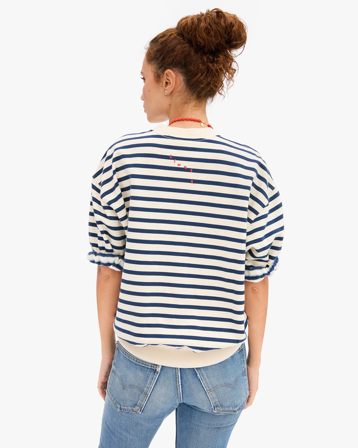 Clare V. Short Sleeve Oversized Sweatshirt - Stripes in Cream/Navy