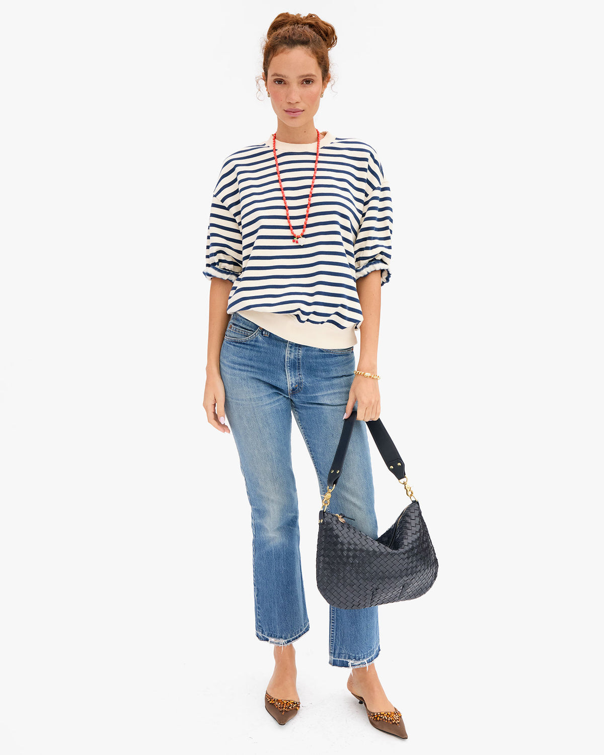Clare V. Short Sleeve Oversized Sweatshirt - Stripes in Cream/Navy