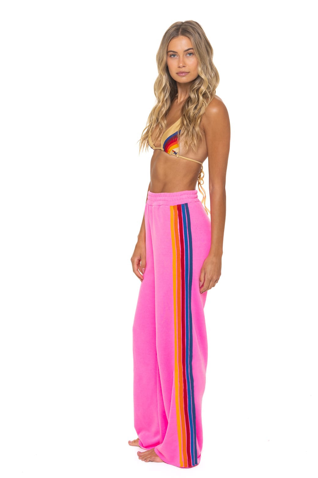 Aviator Nation 5 Stripe Wide Leg Sweatpants Neon Pink