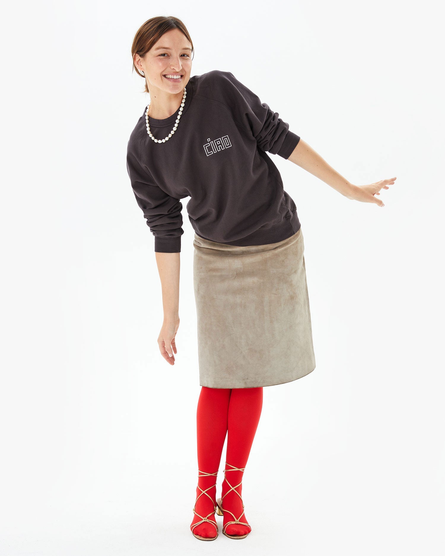 Clare V. Block Ciao Embroidered Petit Outlined Sweatshirt Cocoa