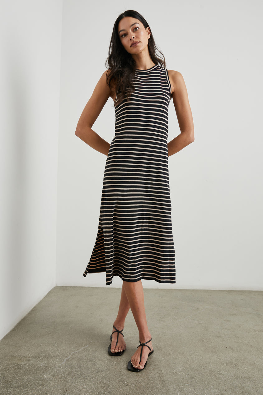 striped midi tank dress Stripe Midi Dress with Fringe Waist Tie