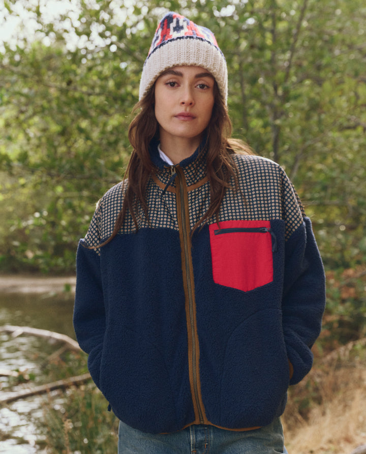 THE GREAT. The Print-Mix Plush Terrain Full-Zip Navy