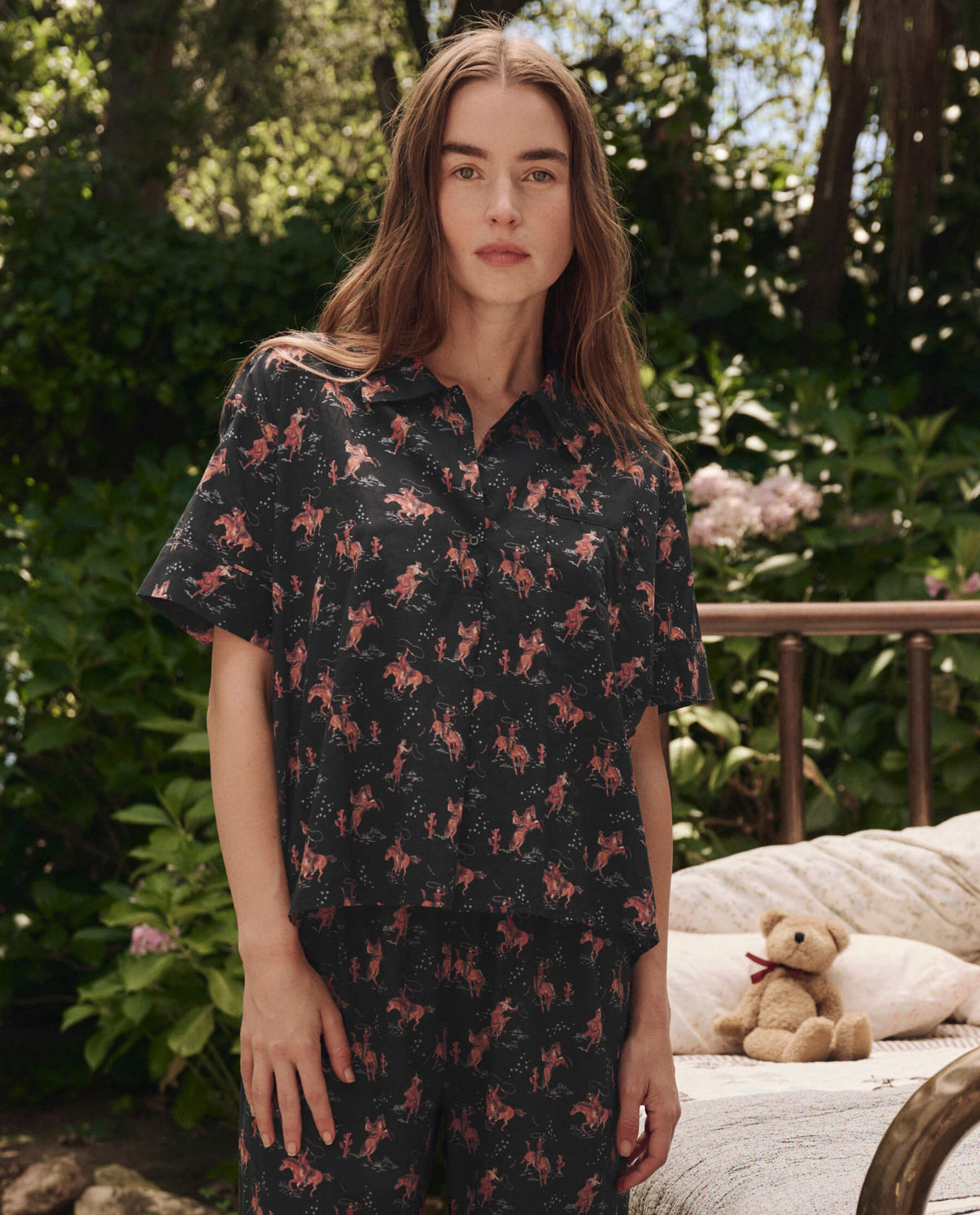 THE GREAT. The Short Sleeve Pajama Shirt Navy