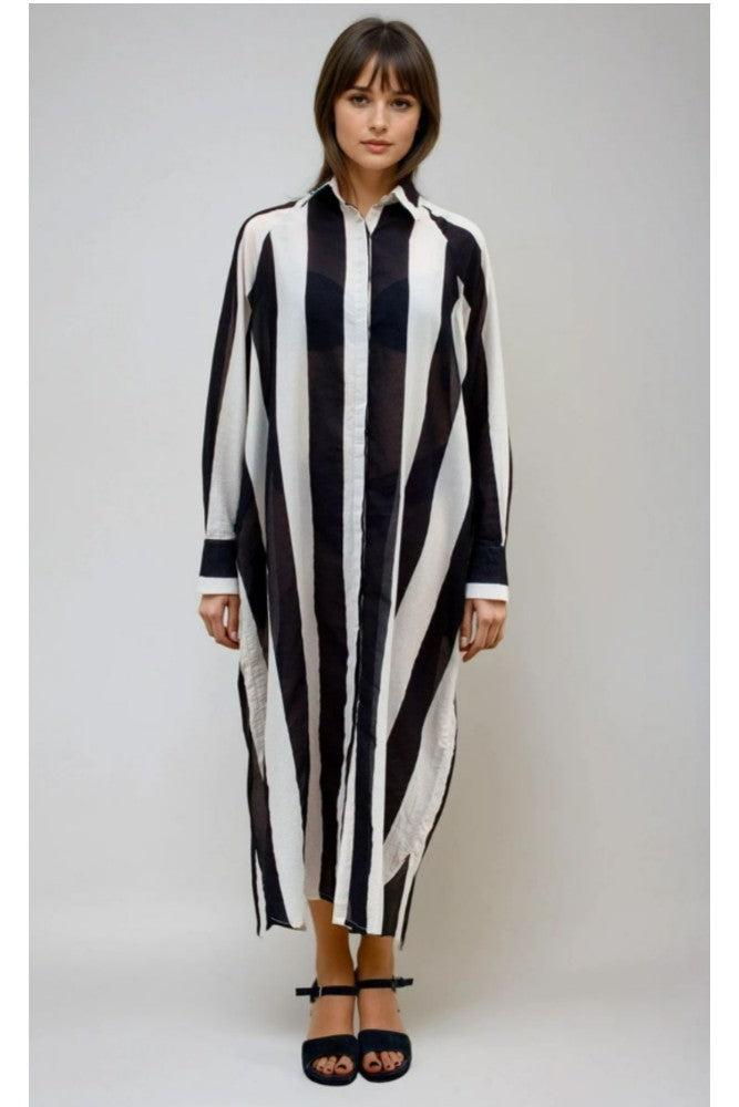 BEL KAZAN Gia Kaftan Black and Cream Stripe
