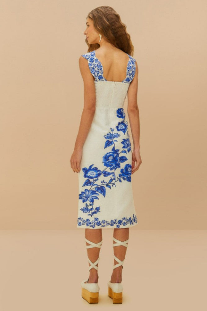 Farm Rio Blue Floral Cascade Off White Wavy Sleeveless Midi