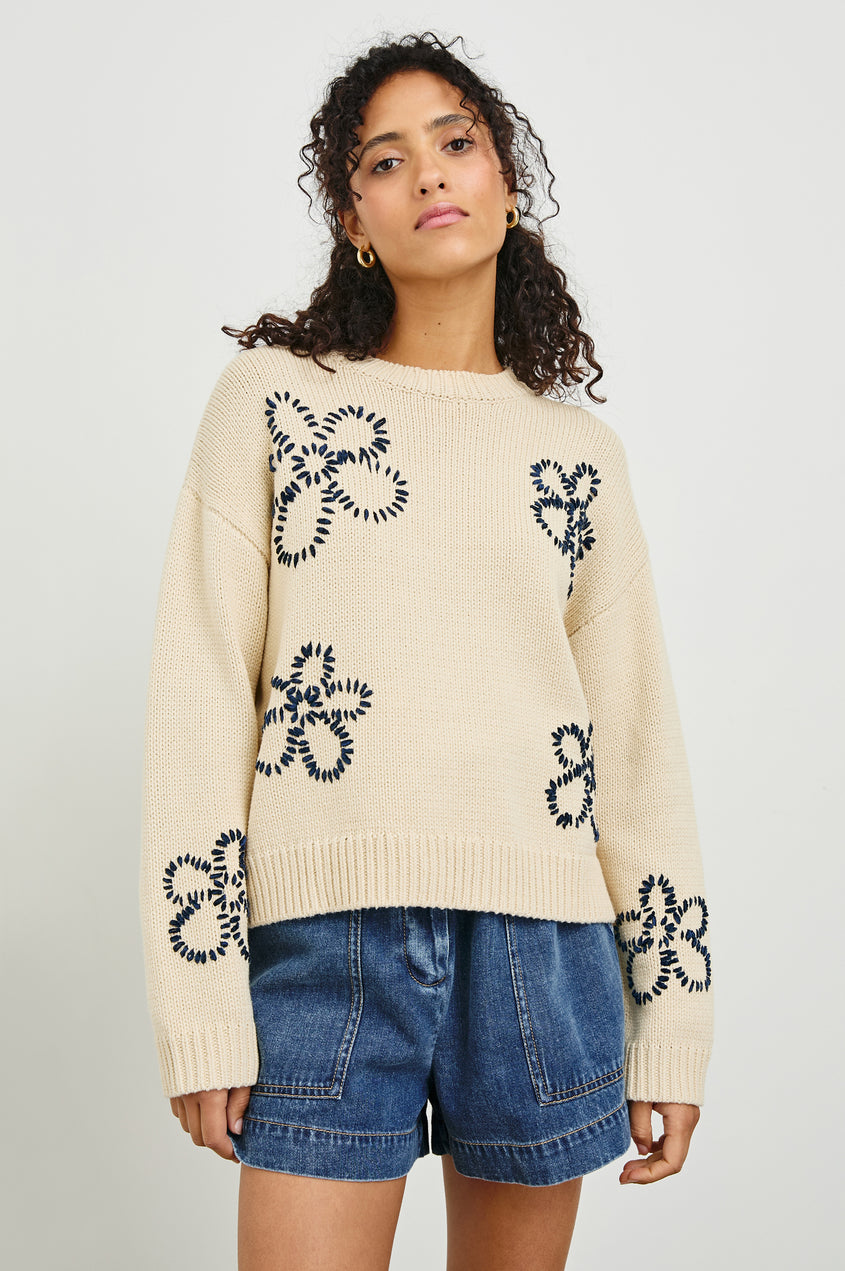 Rails Zoey Sweater in Ivory Navy Stitched Daisies
