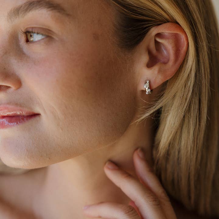 The Land of Salt Sylvie Pearl Huggie Hoop Earrings in Silver