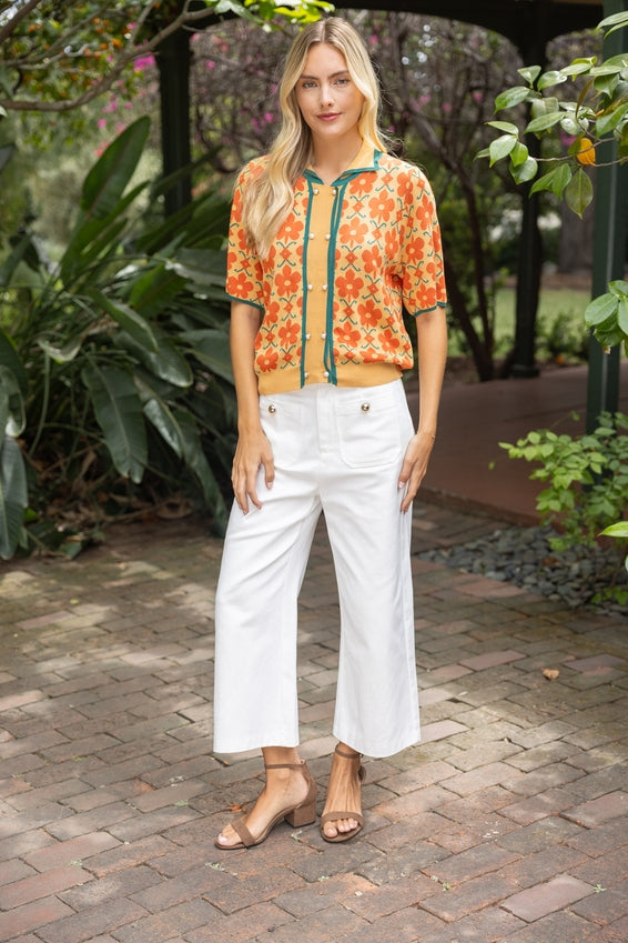 DEON Double Embellished Button Down Floral Knit Cardigan
