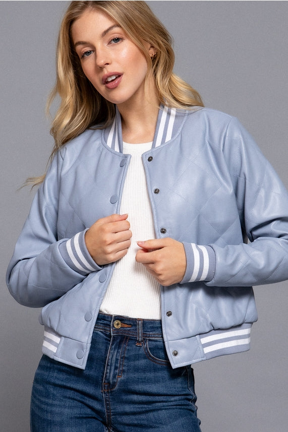 Active Basic Long Sleeve Quilted PU Faux Leather Bomber Jacket Blue