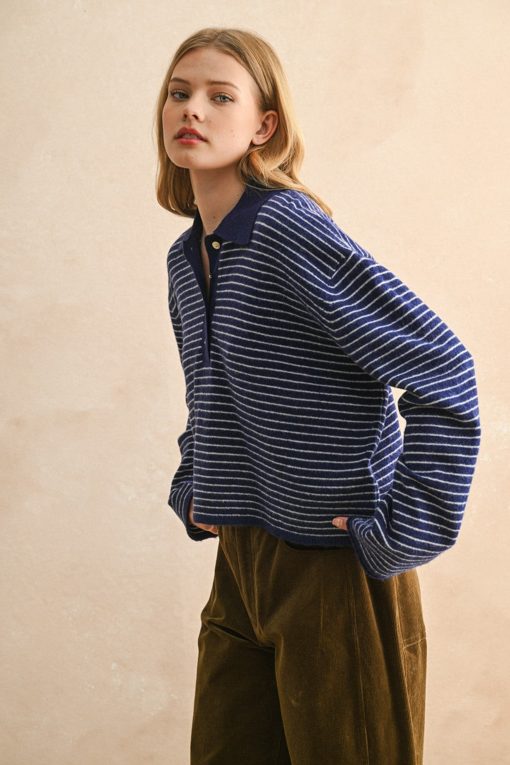 NYLAND Striped LS w/ Collar Knit Top