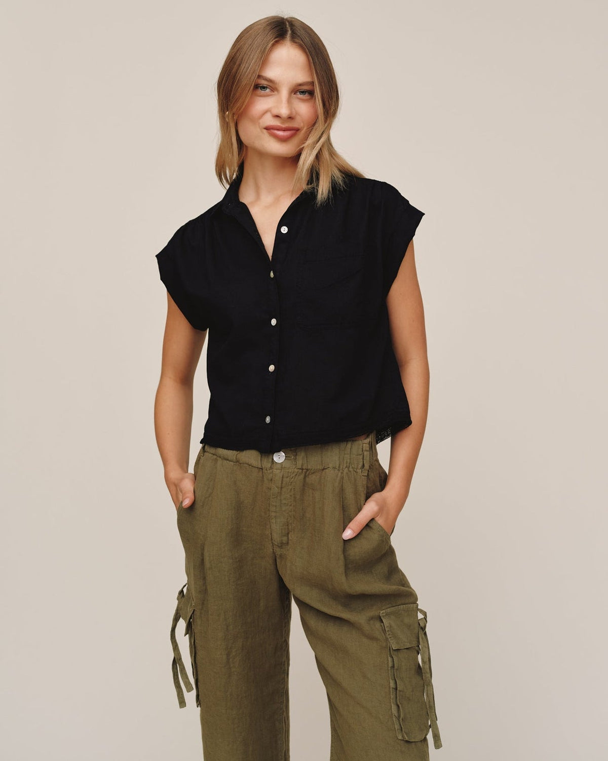 Bella Dahl Cap Sleeve Trimmed Shirt Black