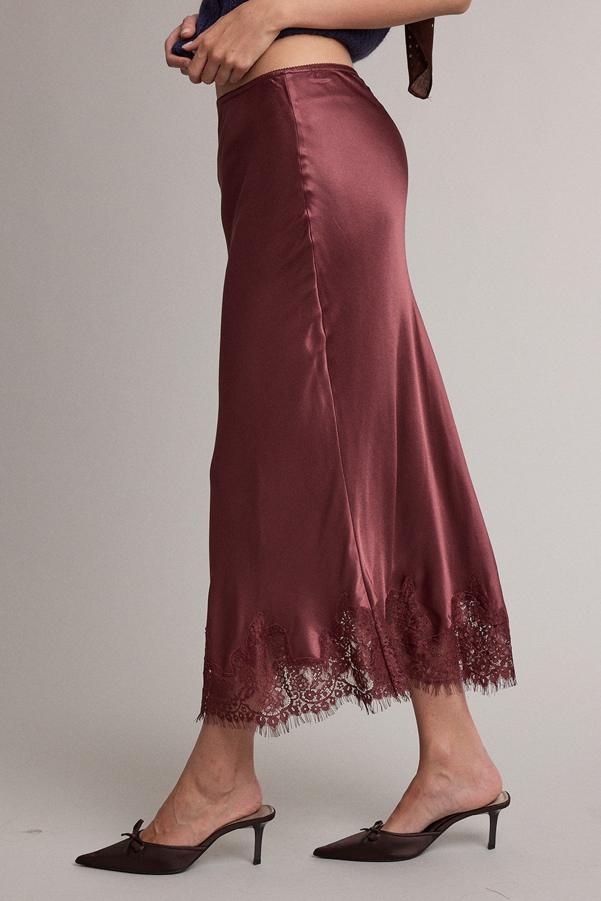 DEON Satin Lace Trim Midi Skirt