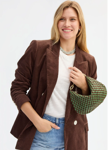 Clare V. Petit Moyen Messenger - Suede Woven Checker Depp Pine/Chocolate