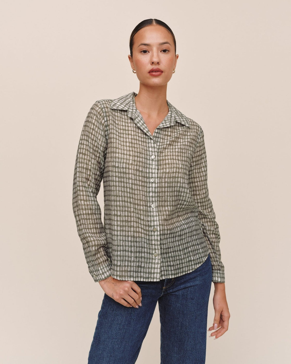 Bella Dahl Classic Button Down in Olive Gingham Print