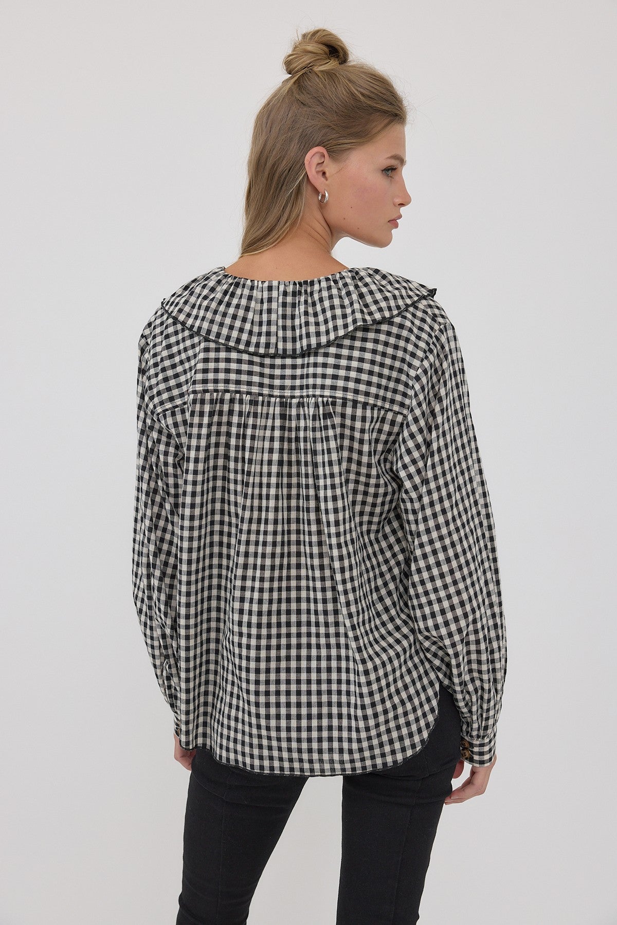 DEON Gingham Ruffle Collar Button-Up Blouse