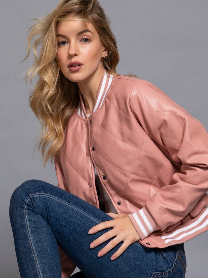 Active Basic Long Sleeve Quilted PU Faux Leather Bomber Jacket