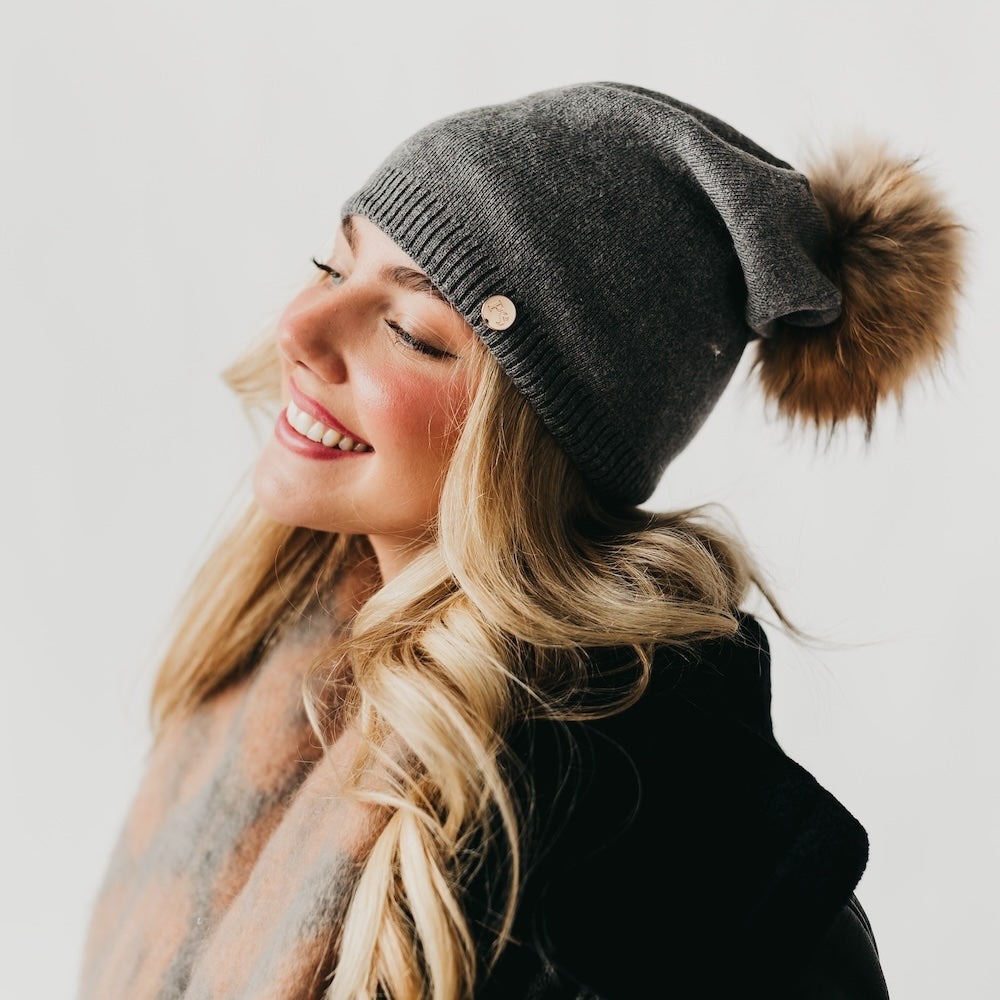 Pretty Simple Fine Knit Fur Pom Slouchy Beanie in Charcoal