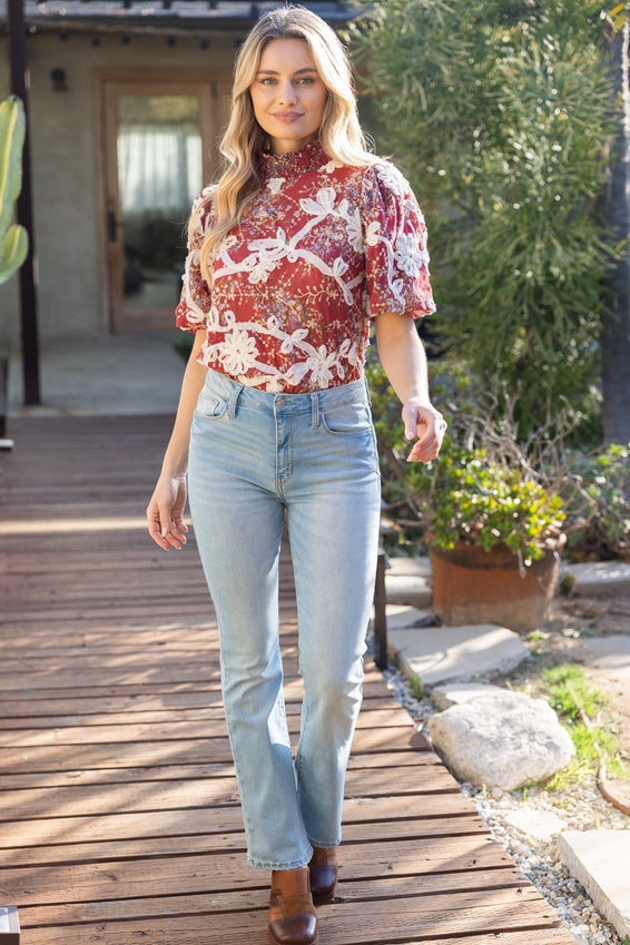 DEON Smocked Mock Neck with Floral Lace Detail Top