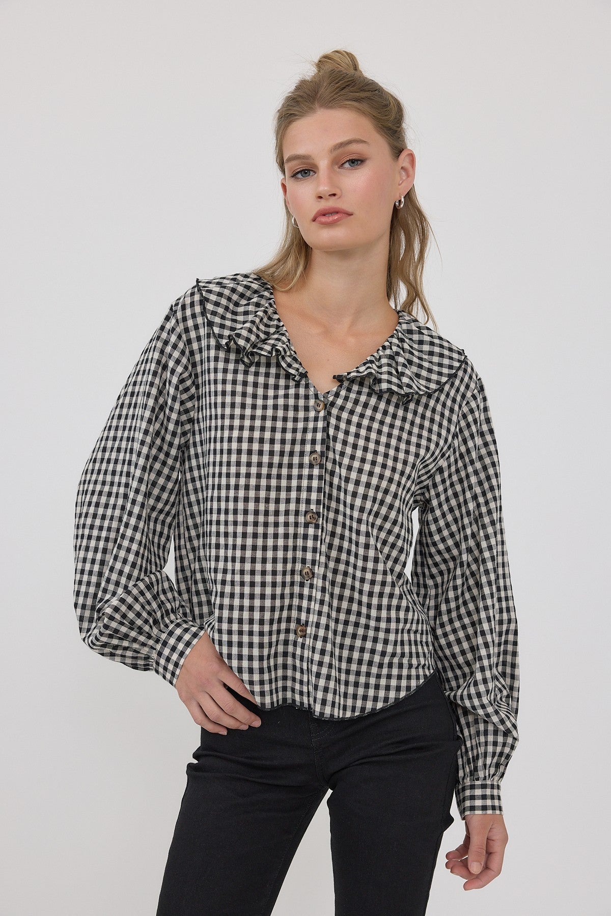 DEON Gingham Ruffle Collar Button-Up Blouse