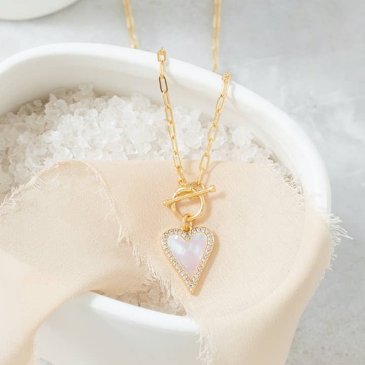 Splendid Iris Mother of Pearl Pavé Heart Toggle Necklace