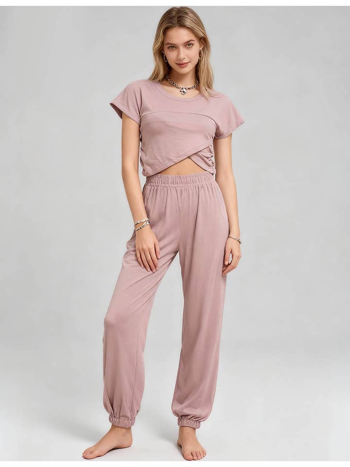 Sweetkama Solid Color Crop Top and Pants Set Mauve