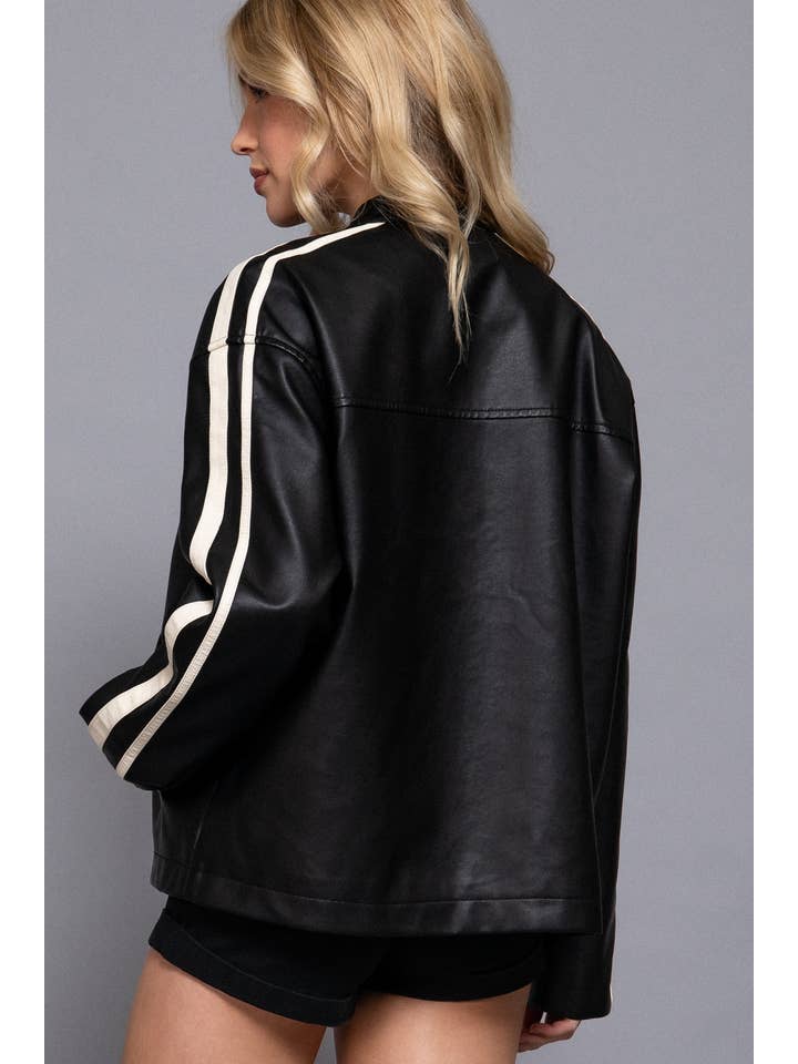 Active Basic Long Sleeve Line Detail Washed Effect Faux Leather Jacket