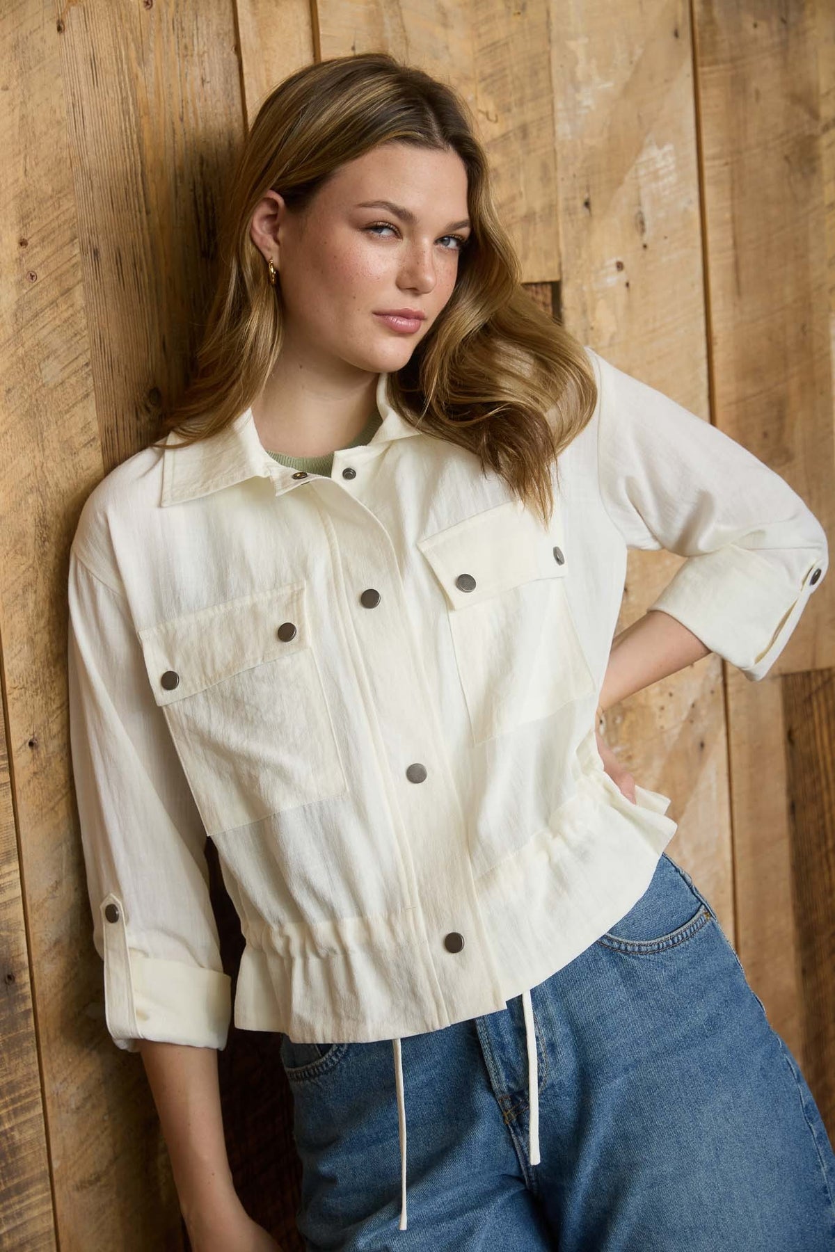 Nyland Fawn Collared 3/4 Tab Sleeve Drawstring Waist Jacket in Ecru