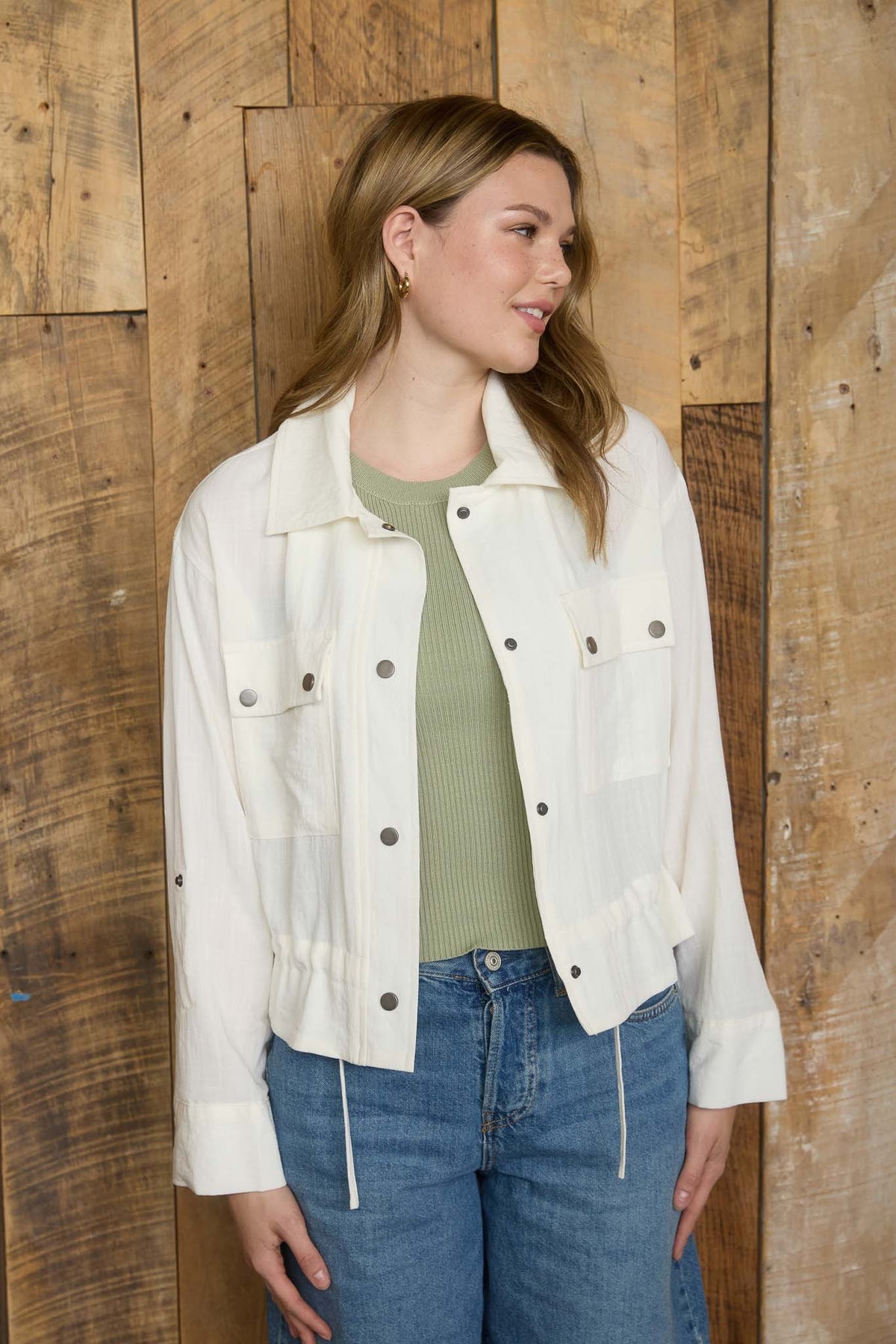 Nyland Fawn Collared 3/4 Tab Sleeve Drawstring Waist Jacket