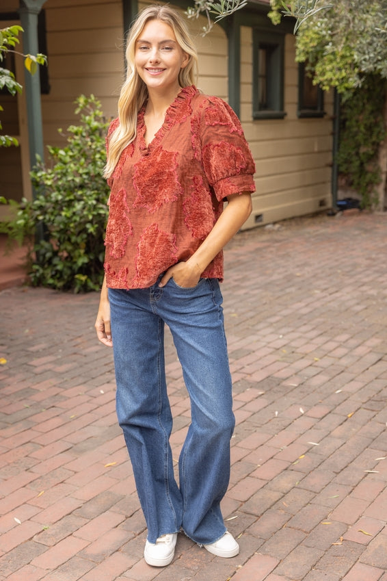 DEON Ruffled V-Neck Textured Burnout Velvet Top in Rust