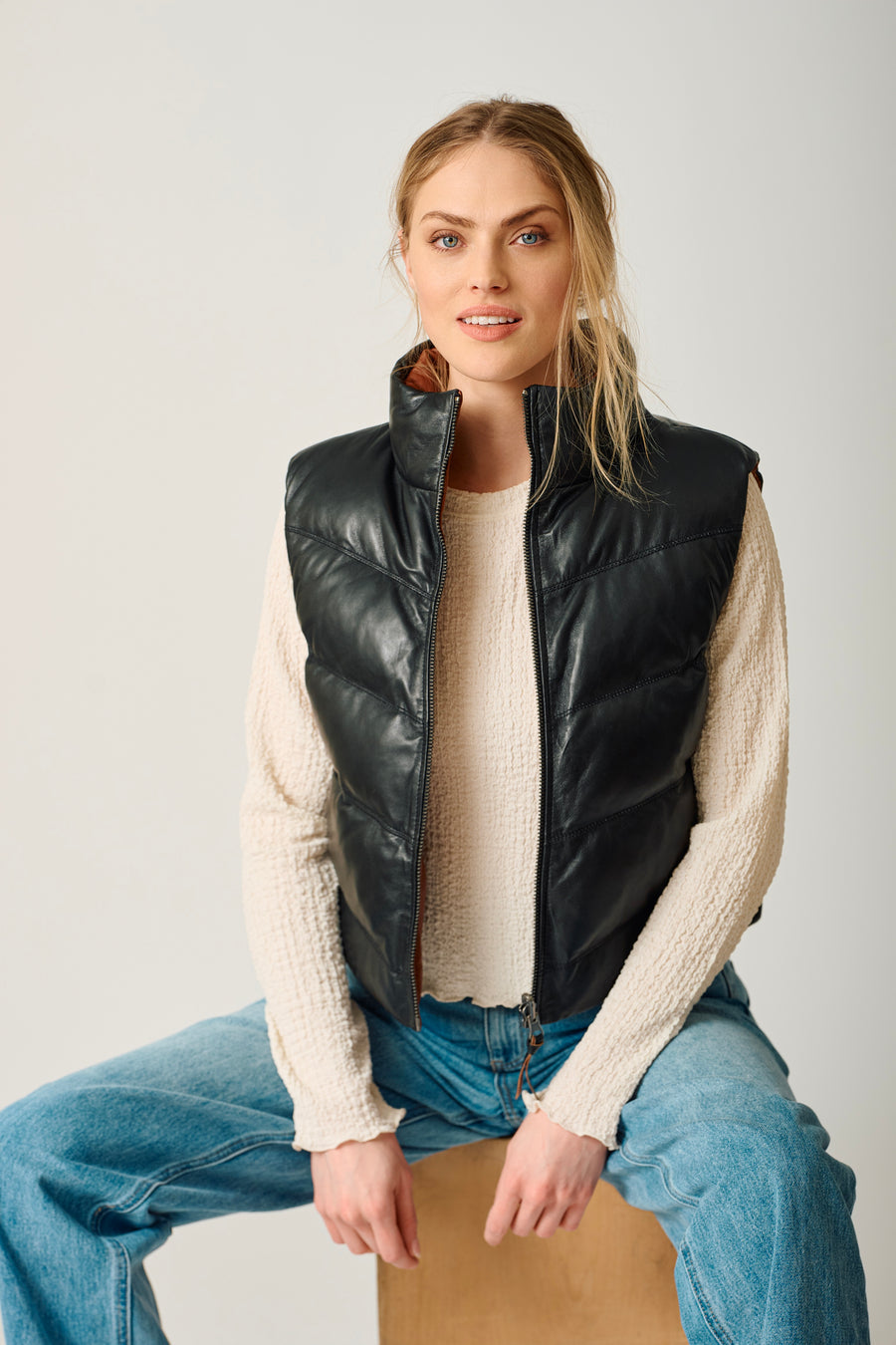 Mauritius Leather Ellen Reversible Vest in Black