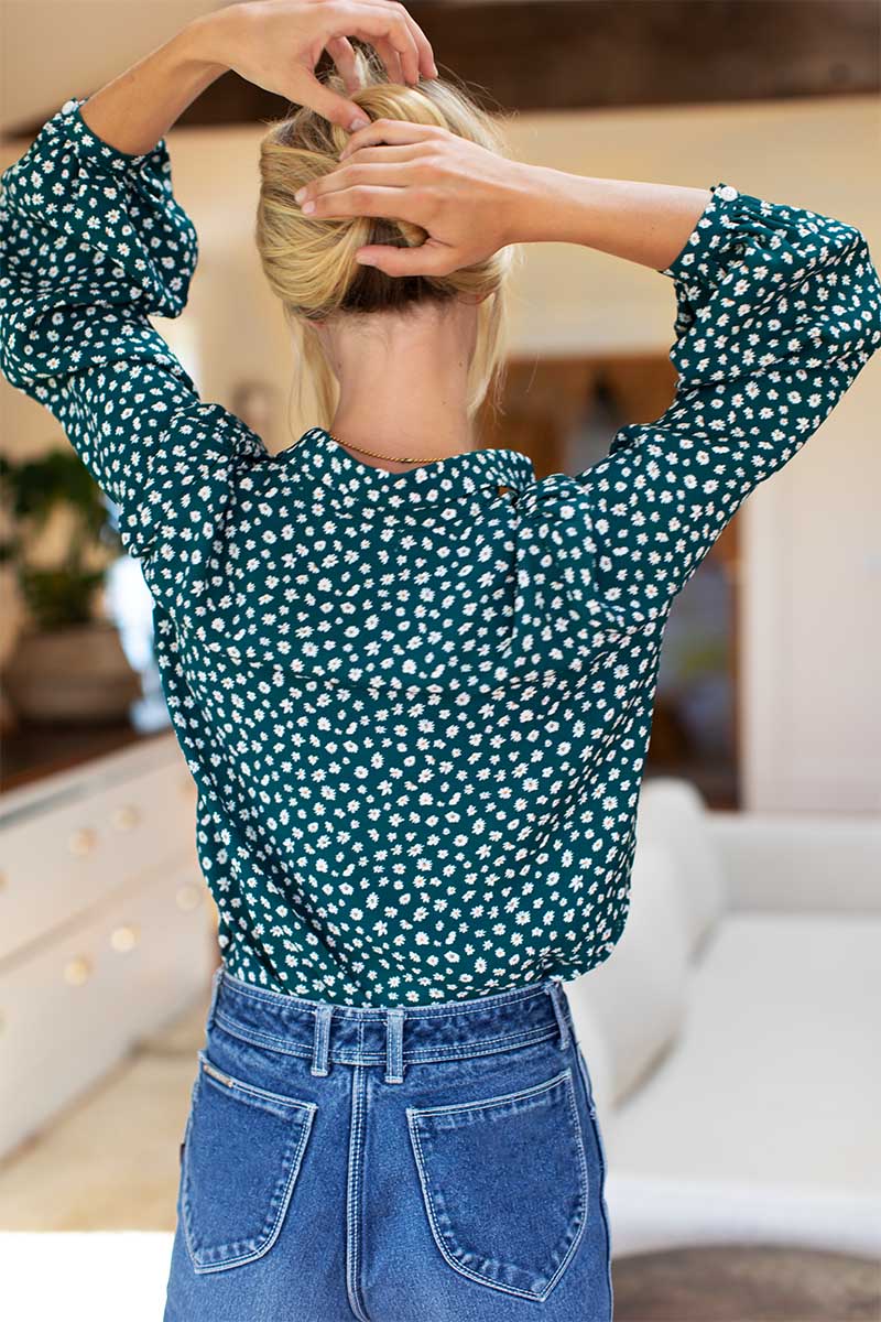 EMERSON FRY Frankie Blouse in Forest Daisy Silk
