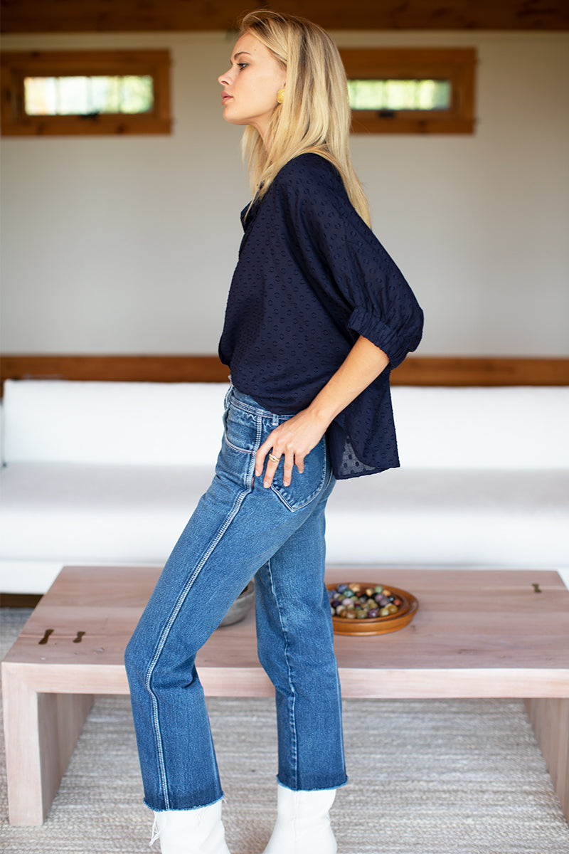 EMERSON FRY Mandarin Collar Top in Maritime Swiss Dot Organic