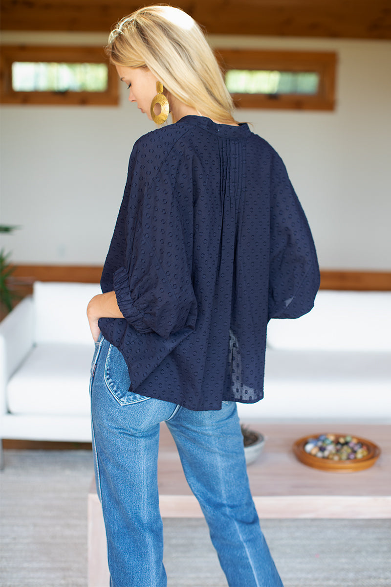 EMERSON FRY Mandarin Collar Top in Maritime Swiss Dot Organic
