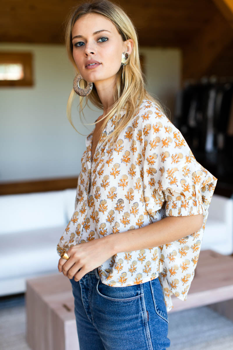 EMERSON FRY Mandarin Collar Top in Little Marigolds Organic