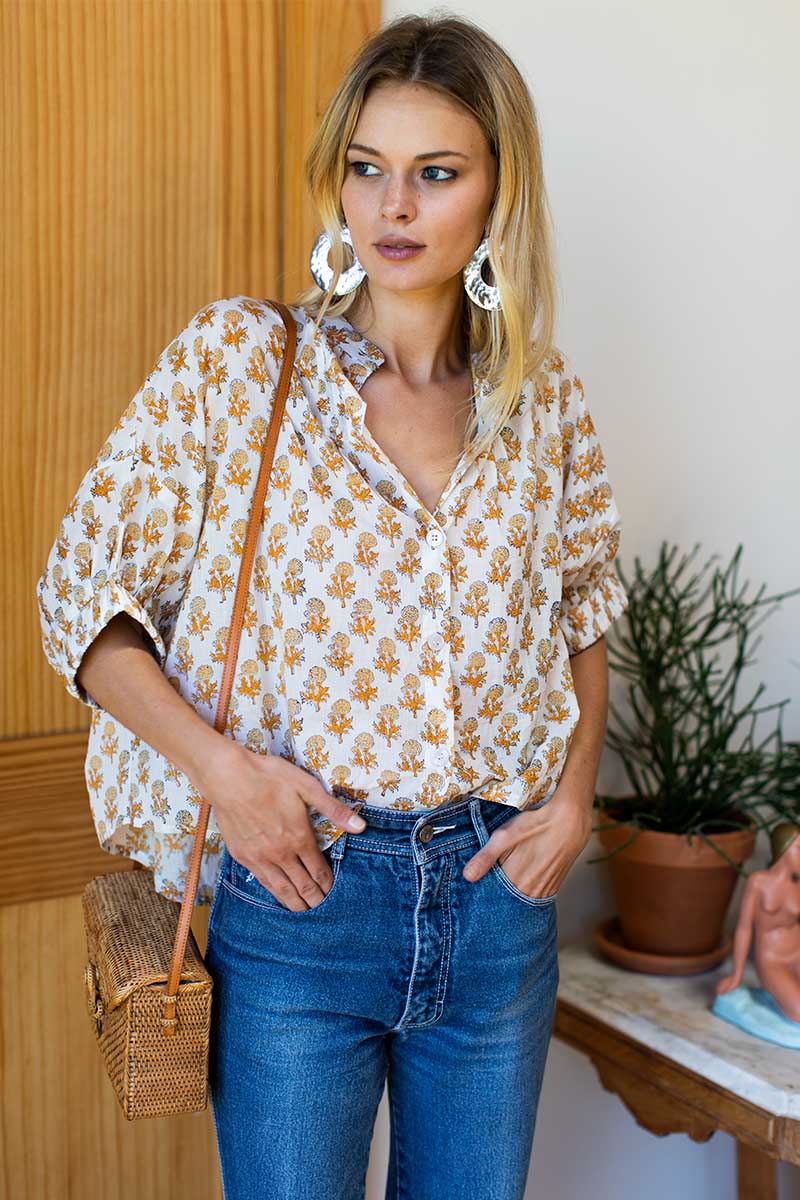 EMERSON FRY Mandarin Collar Top in Little Marigolds Organic