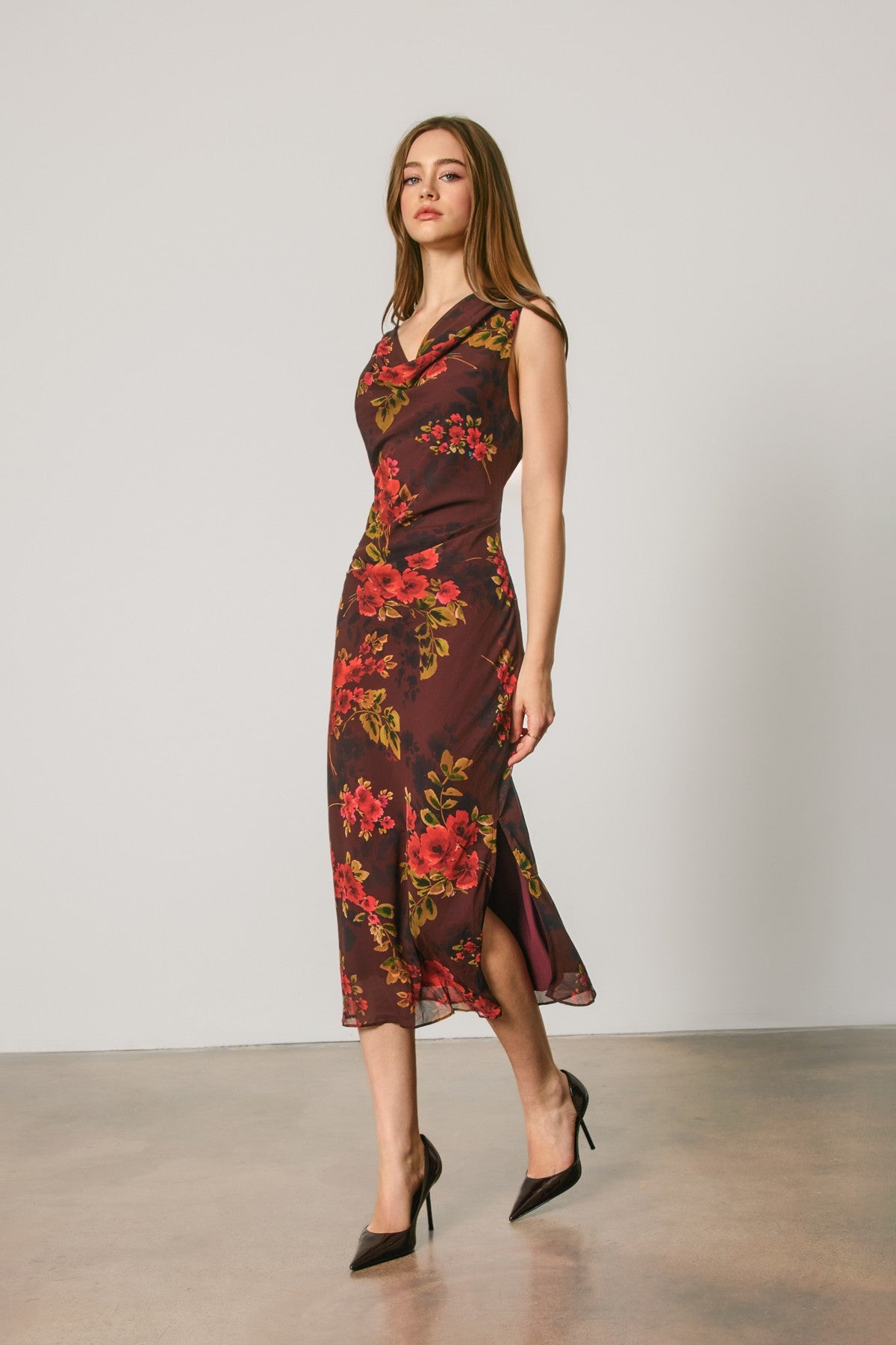 DEON Floral Chiffon Draped Midi Dress