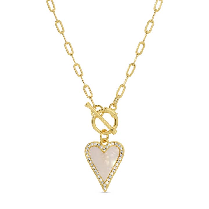 Splendid Iris Mother of Pearl Pavé Heart Toggle Necklace