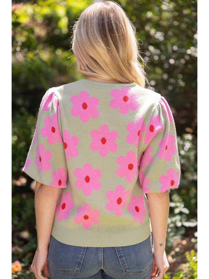 DEON Short Bubble Sleeve Floral Printed Knitted Top