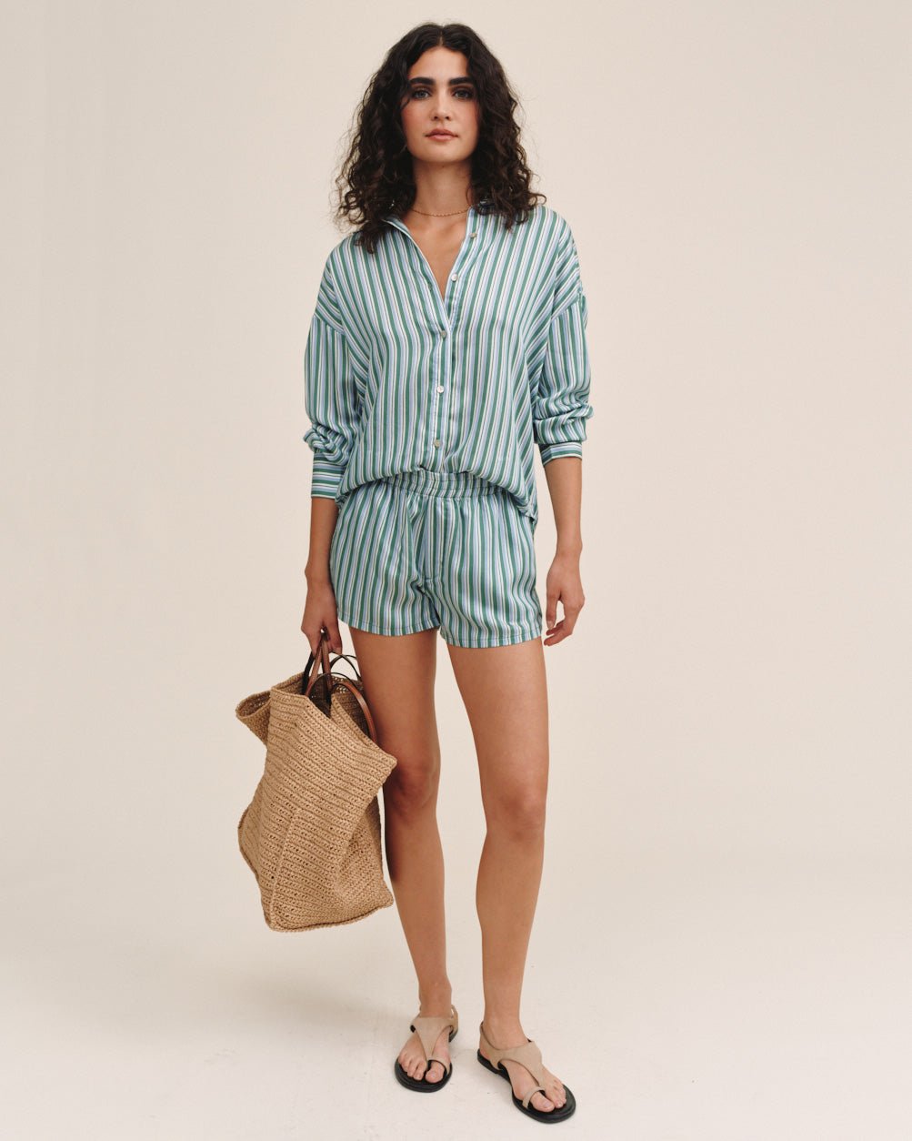 Bella Dahl Oversized Button Down in Emerald Surf Stripe