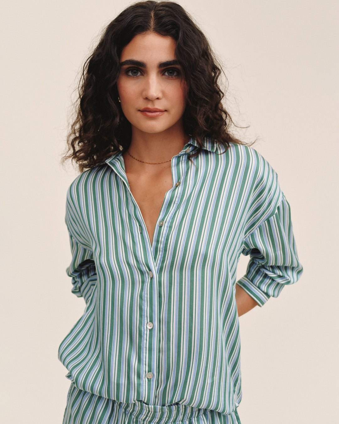 Bella Dahl Oversized Button Down in Emerald Surf Stripe