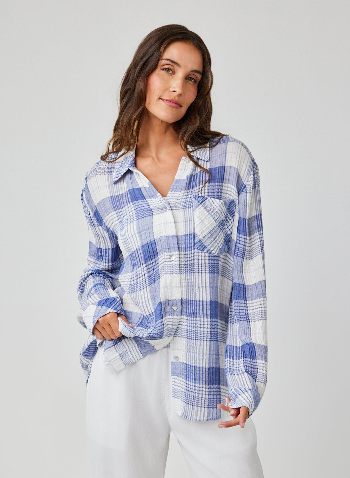 Bella Dahl Oversized Shirt with Pocket Pacific Blue Plaid