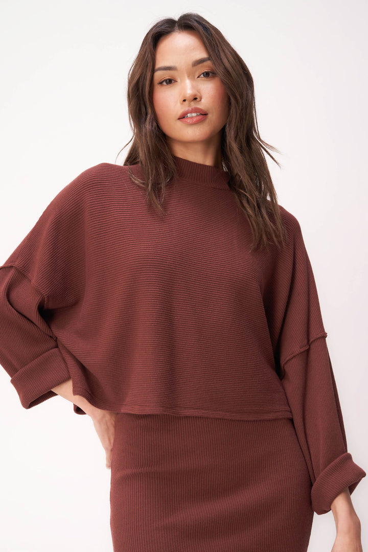 PROJECT SOCIAL T Throw and Go Sweater Rib Mock Neck Spiced Copper
