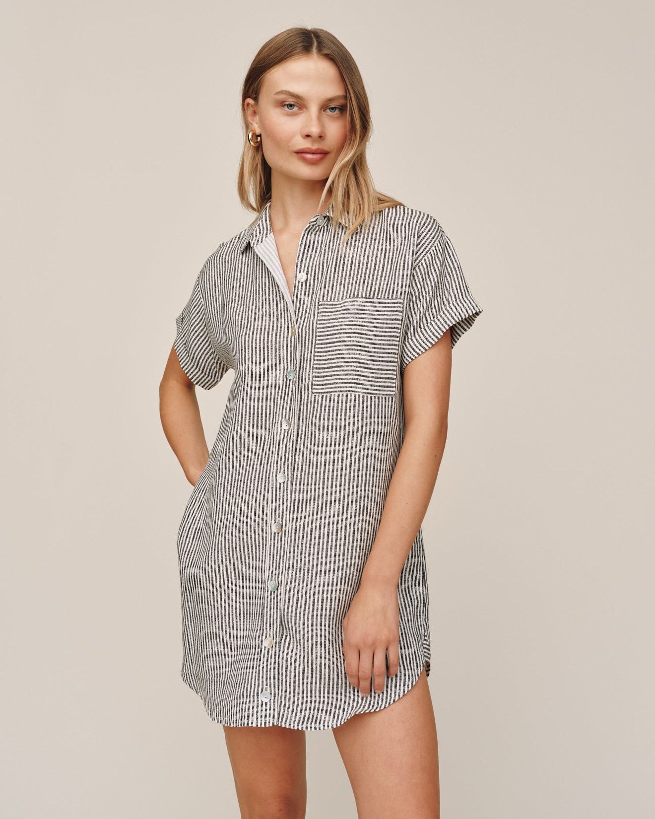 roll sleeve shirt dress Roll Sleeve Pocket Shirt Dress | Coastal Stripe Wash | M