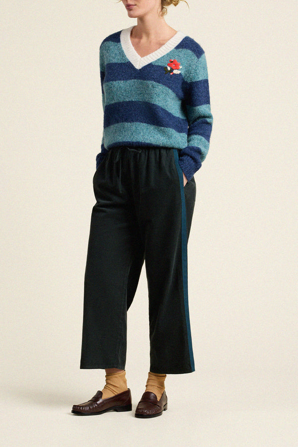 Birds of Paradis by Trovata Chalet V-Neck Sweater in Indigo Stripe