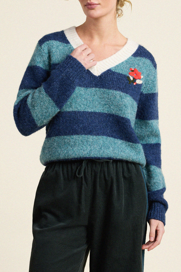 Birds of Paradis by Trovata Chalet V-Neck Sweater in Indigo Stripe