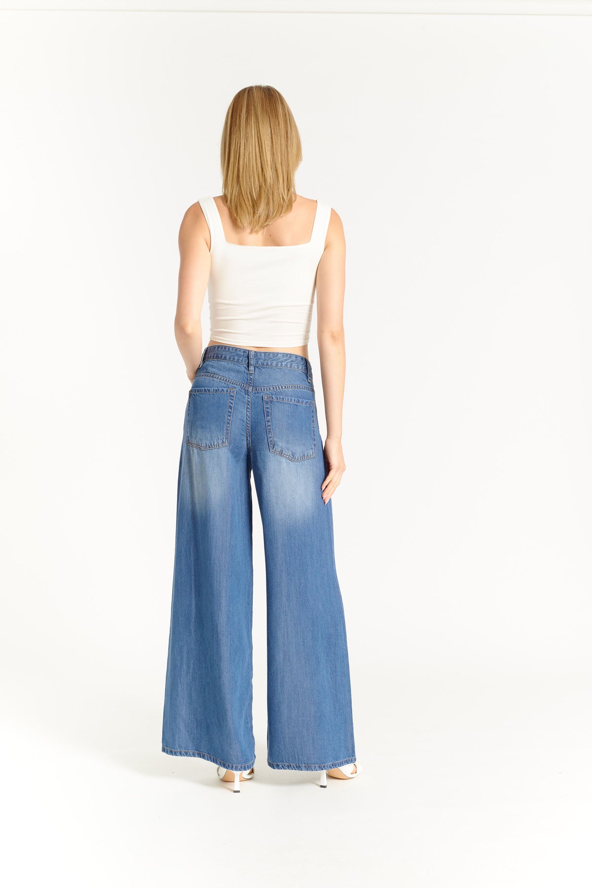 OAT Mid Rise Wide Palazzo Pant in Evan Light Wash