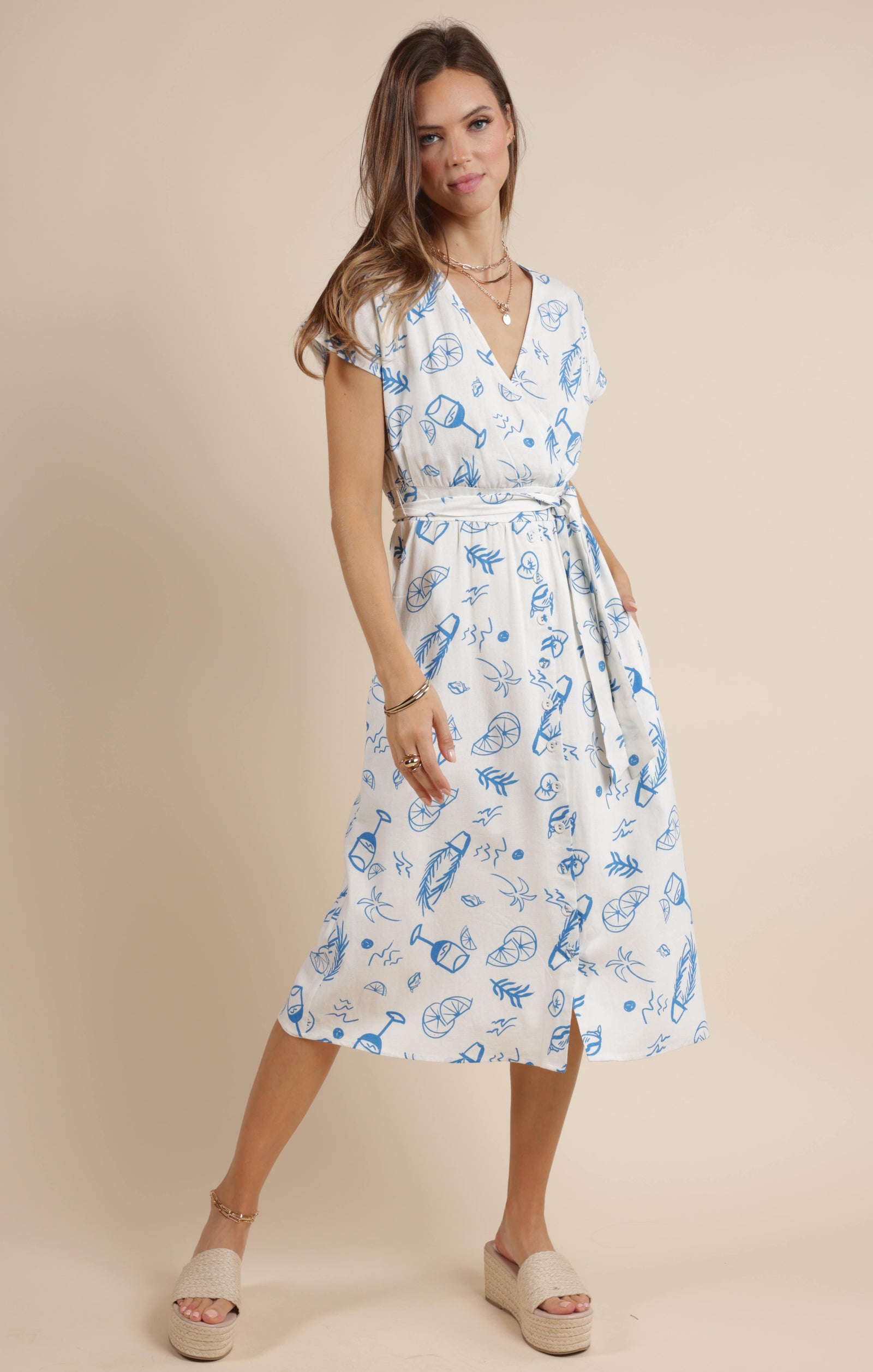 SAGE THE LABEL Citrus Splash Surplice Belted Midi Dress