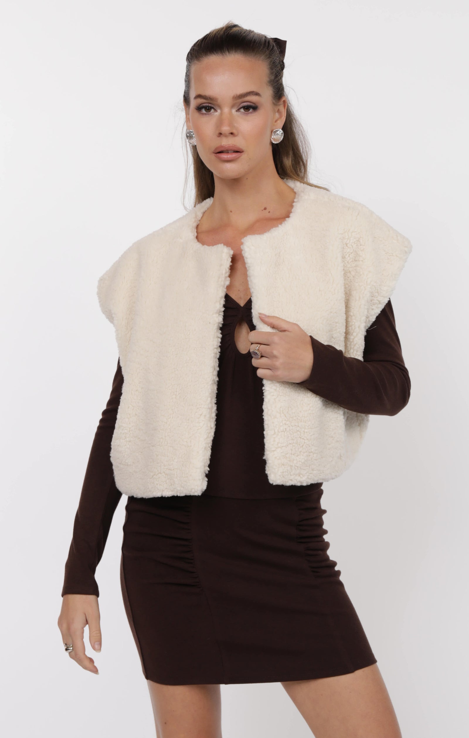 SAGE THE LABEL Elsa Faux Shearling Wide Shoulder Vest