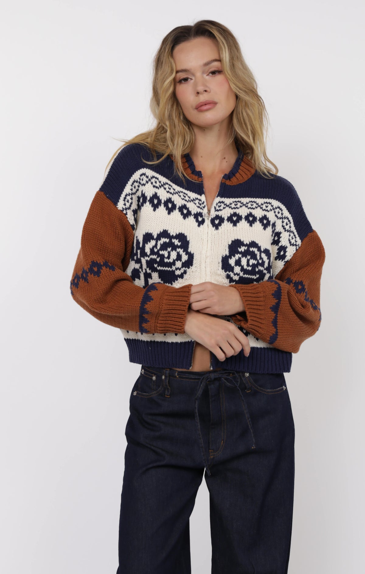 SAGE THE LABEL Sweet Rose Jacquard Zip Sweater Jacket Ivory Multi
