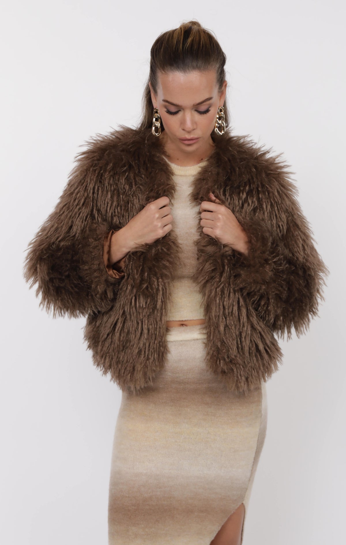 SAGE THE LABEL Deep Woods Cropped Vegan  Fur Jacket